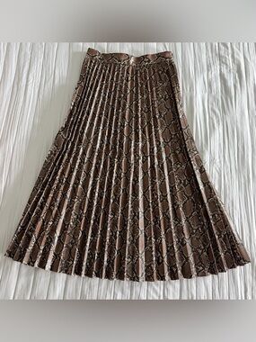 Zara Brown Snake-Print Pleated Midi Skirt faux leather